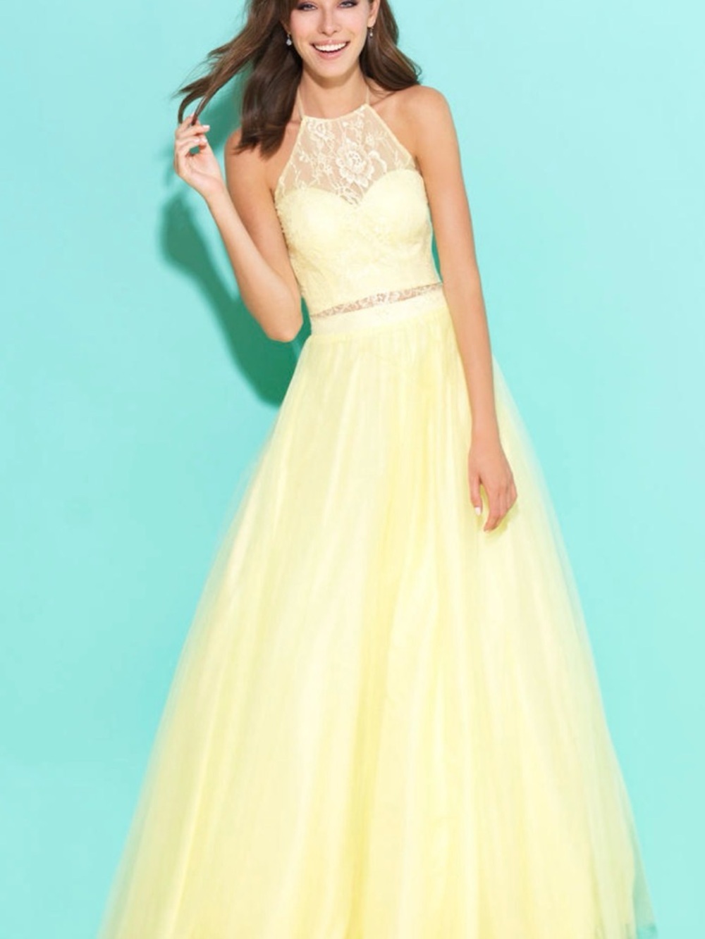 madison james 2 piece butter Yellow Lace Bodice Prom Dress